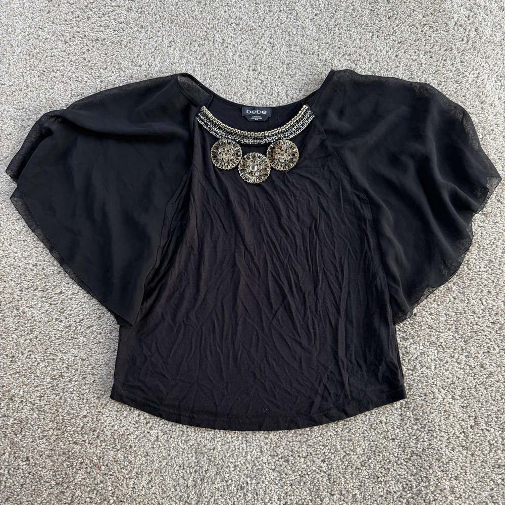 Bebe Kimono Blouse Womens Medium Black Embellished Rhinestone Sheer Party Top